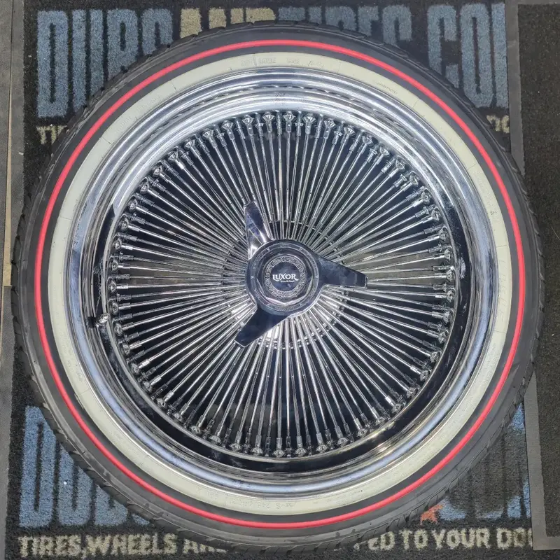 20 Inch Luxor 150 Spoke Chrome Wire Wheels Chrome Rims 20X8.5 245/40R20 Red Vouge Tires Cadillac Fleetwood 1