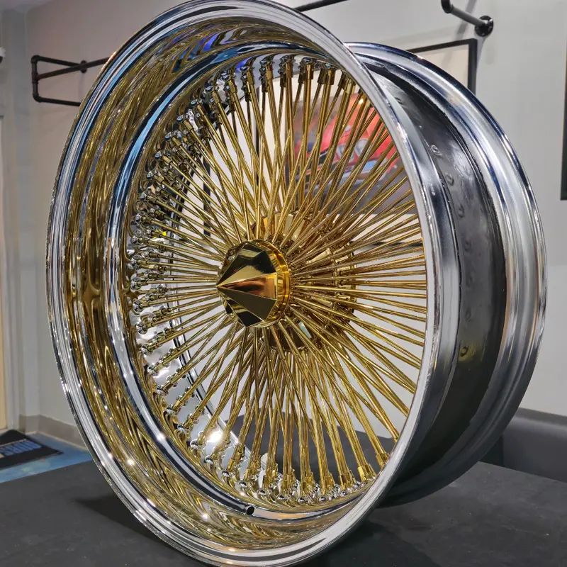 22 Inch 150 Spoke Gold Center Chrome Lip Wire Wheels Rims Tire Package 22X8 245/30Zr22 Land Golden Tires 1971 Chevelle 1