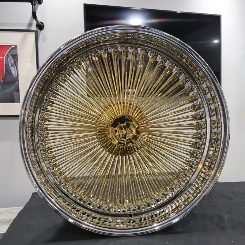 22 Inch 150 Spoke Gold Center Chrome Lip Wire Wheels Rims Tire Package 22X8 245/30Zr22 Land Golden Tires 1971 Chevelle 2