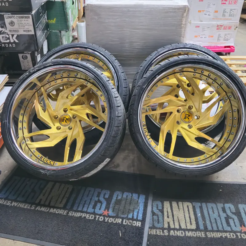 22" Rucci Breitling Brushed Gold Chrome Lip Wheels  22X9 22X10  255/30R22 Lexani Lx Twenty Tires Cutlass Supreme 1