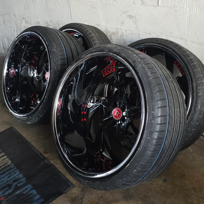 24" Rucci Trapstar Black Face Red Outline & Red Rivets Chrome Lip Wheels Rims 24X9, 24X14  Bp:5X127 1996 Chevy Truck 1