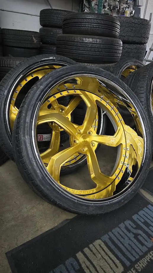 26 Inch Forgiato Smussato Wheels Gold Rims 26X9 & 26X10 255/30Zr26 & 275/30Zr26 Lexani Tires Chevy Impala 1