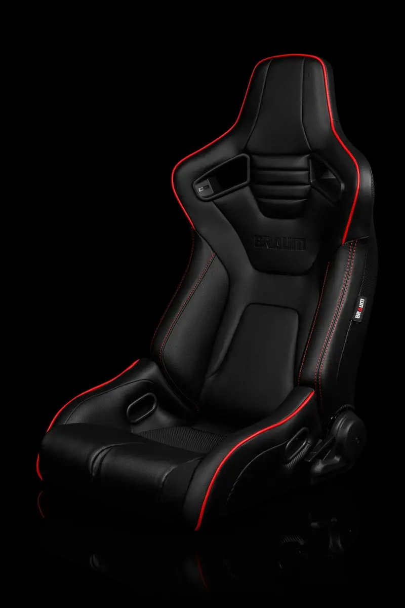 Braum Elite-R Series Sport Seats - Black Leatherette / Red Stitching / Red Piping (Pair) 1