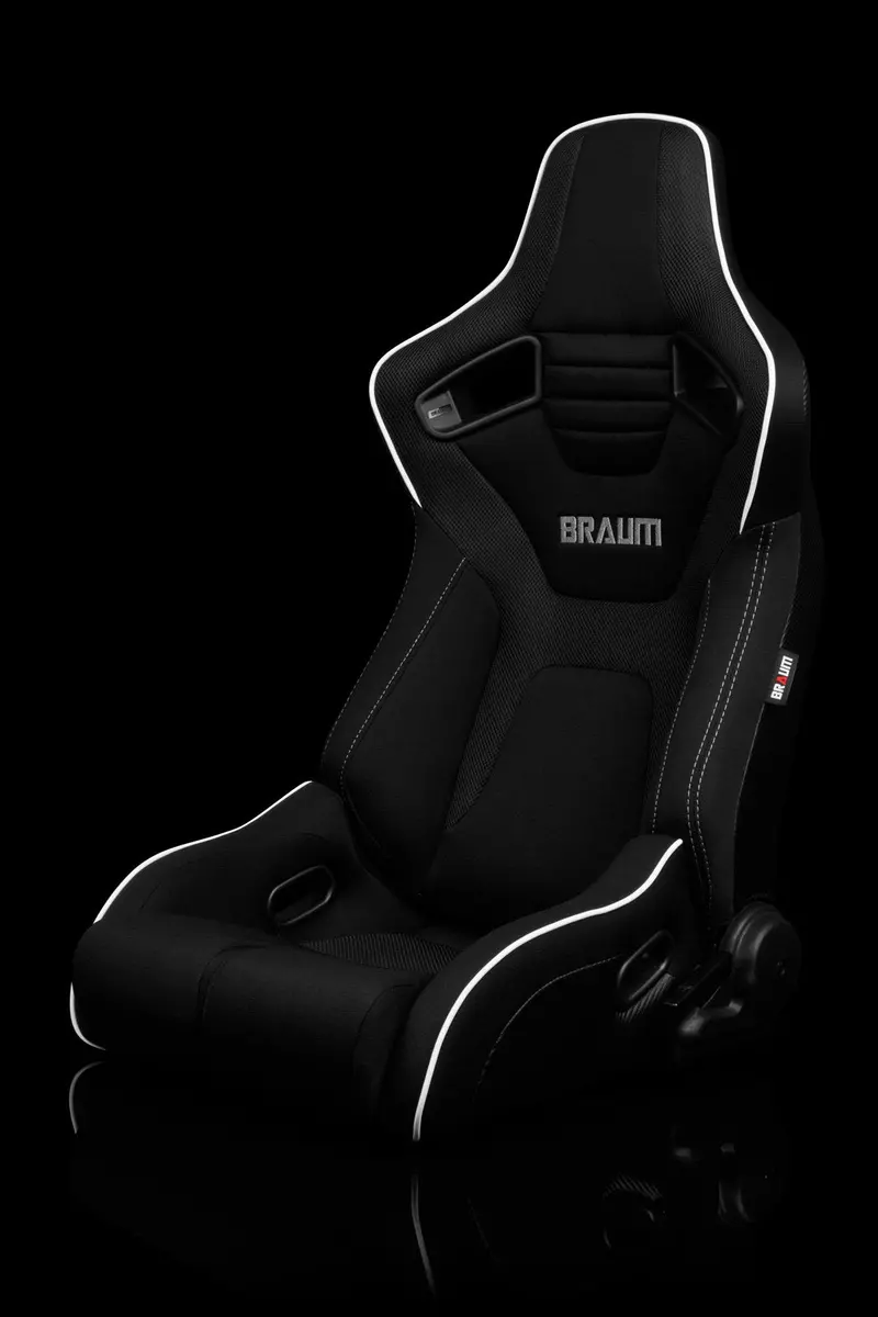 Braum Elite-R Series Sport Seats - Black Polo Cloth / Grey Stitching / White Piping (Pair) 1