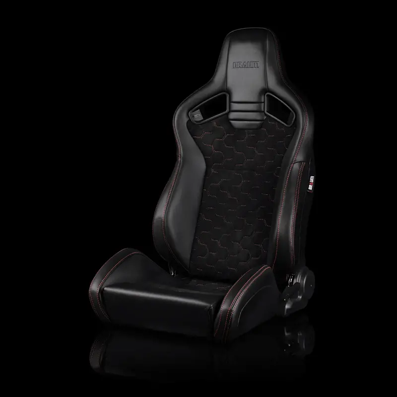 Elite V2 Series Sport Seats - Black Honeycomb Suede (Red Stitching) 1