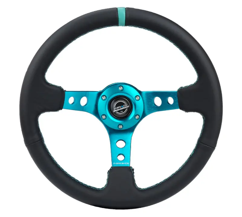 Nrg Reinforce Steering Wheel (350Mm / 3In. Deep) Blk Leather, Teal Center Mark W/ Teal Stitching 2