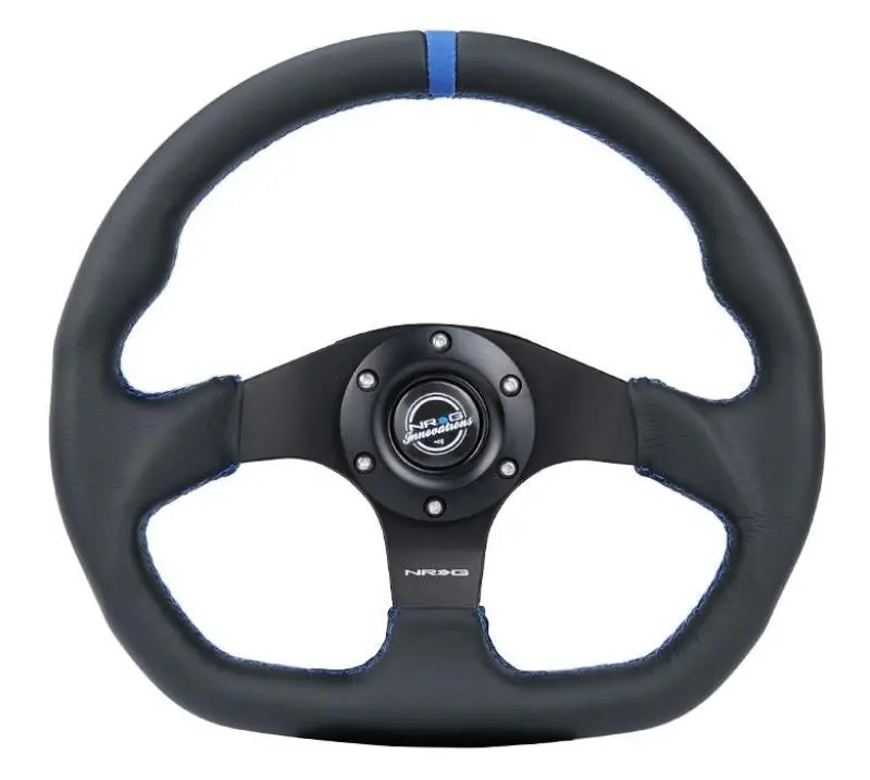 Nrg Reinforced Steering Wheel (320Mm) Sport Leather Flat Bottom W/ Blue Center/ Blue Stitching 1