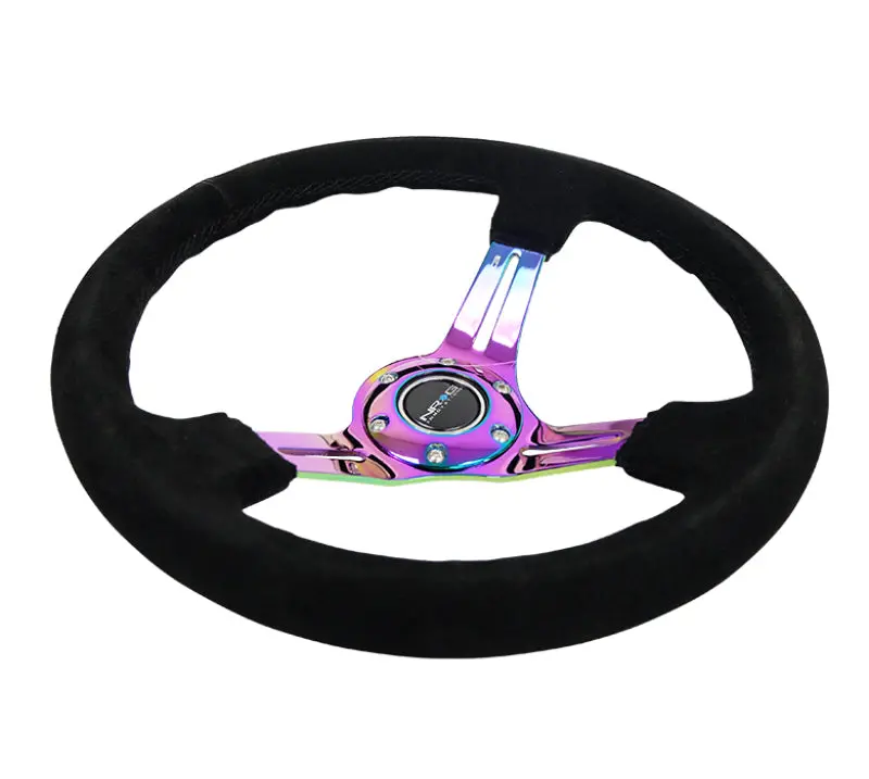 Nrg Reinforced Steering Wheel (350Mm / 3In. Deep) Blk Suede/Blk Stitch W/Neochrome Slits 2