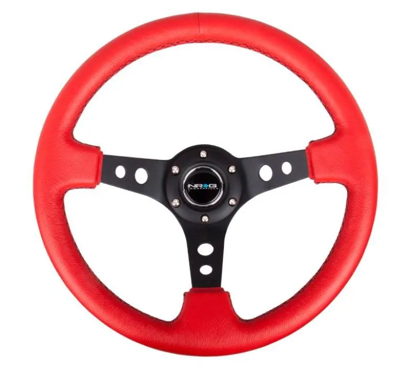 Nrg Reinforced Steering Wheel (350Mm / 3In. Deep) Red Leather/Blk Stitch W/Blk Spokes (Hole Cutouts) 1