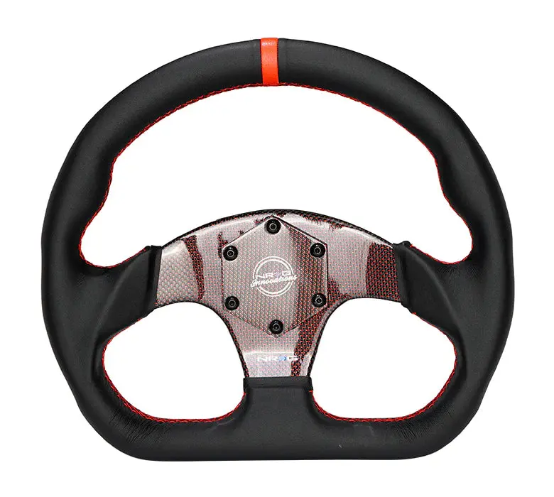 Nrg Steering Wheel Carbon Fiber 320Mm Red Carbon Fiber Center With Red Stitch Red Center Mark Flat Bottom 1