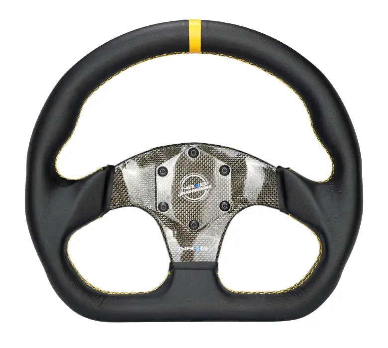 Nrg Steering Wheel Carbon Fiber 320Mm Yellow Carbon Fiber Center With Yellow Stitch Yellow Center Mark Flat Bottom 1