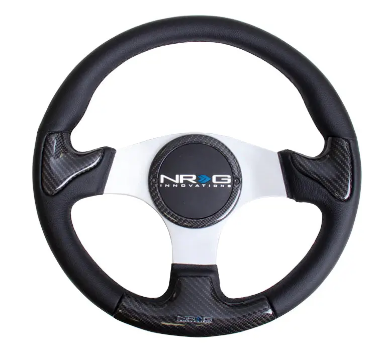 Nrg Steering Wheel Carbon Fiber 350Mm Silver Frame Blk Stitching With Rubber Cover Horn Button 1