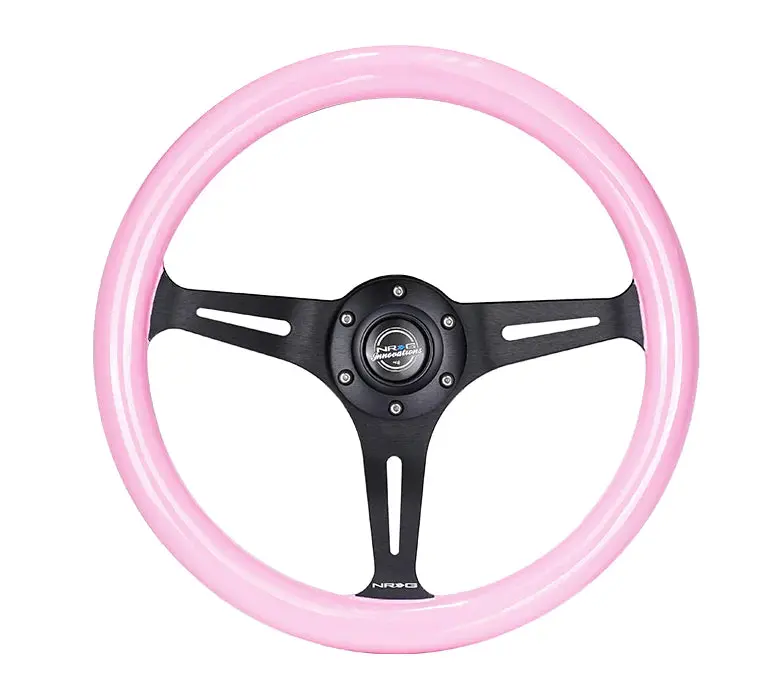 Nrg Steering Wheel Wood Grain - 350Mm 3 Black Spokes - Solid Pink Painted Grip 1