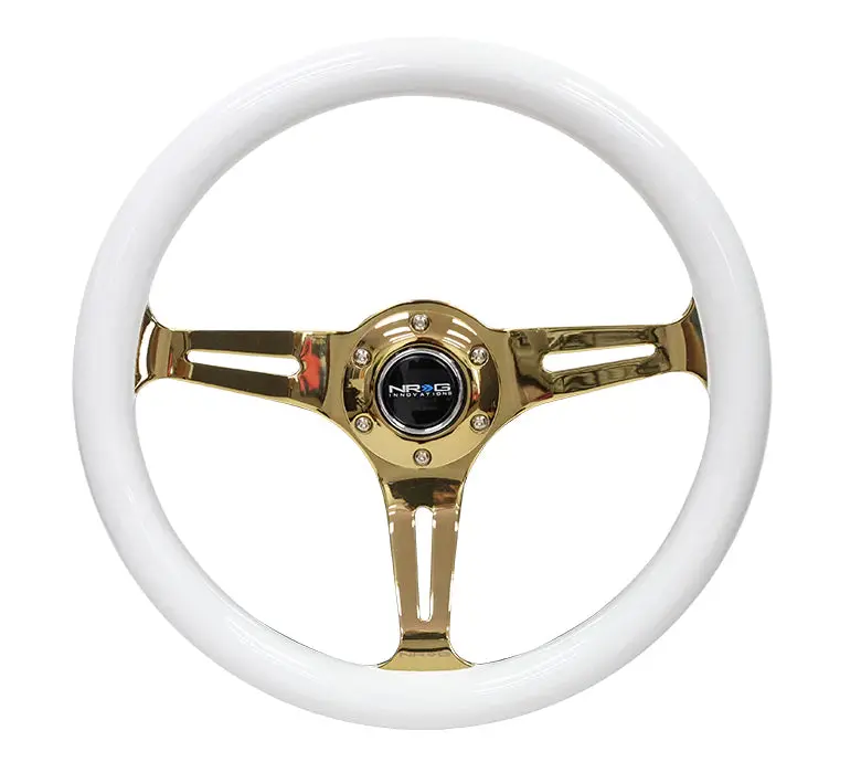 Nrg Steering Wheel Wood Grain - 350Mm 3 Chrome Gold Spokes - White Grip 1