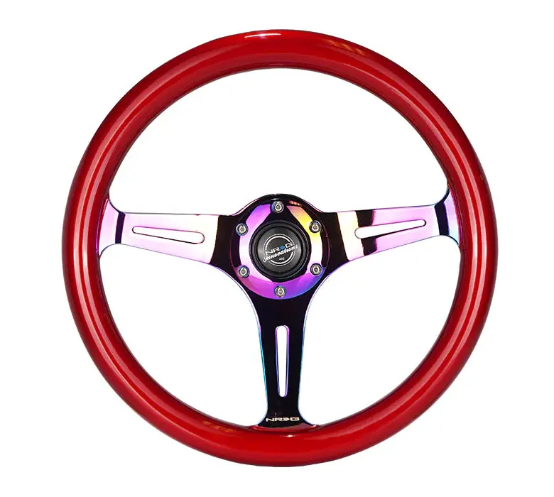 Nrg Steering Wheel Wood Grain - 350Mm 3 Neochrome Spokes - Red Grip 1