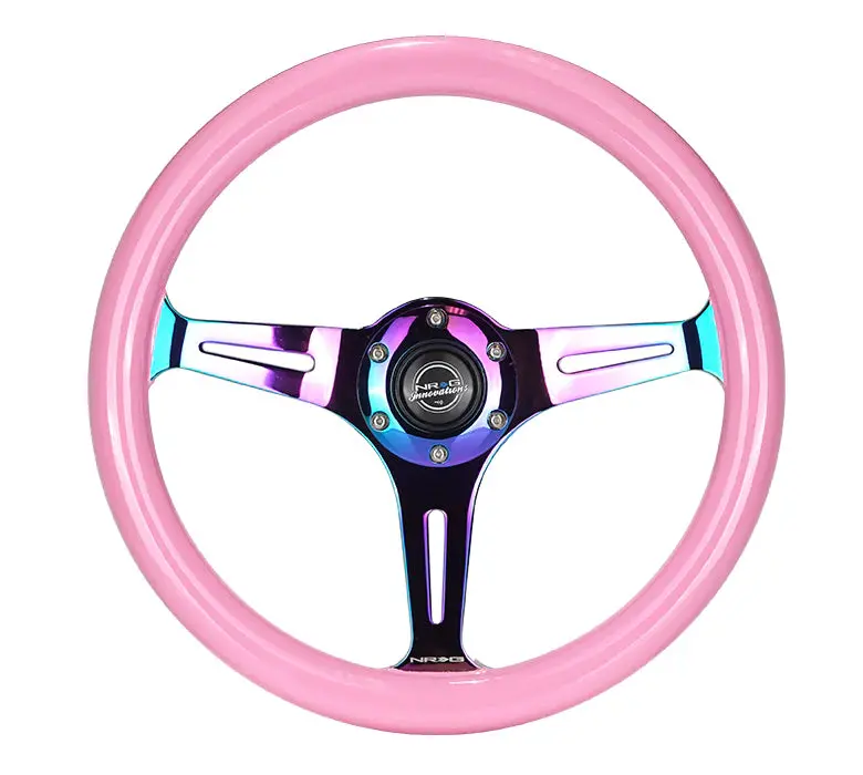 Nrg Steering Wheel Wood Grain - 350Mm 3 Neochrome Spokes - Solid Pink Painted Grip 1