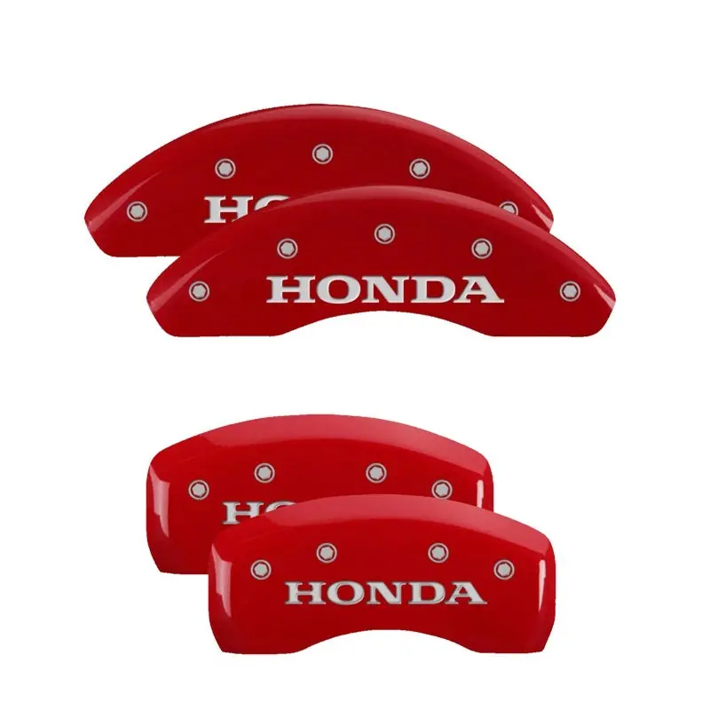 Mgp Engraved 4-Piston Caliper Covers — Front & Rear, Honda Fit — Red Finish With Silver Chrome Accents 1